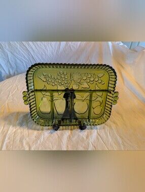 2/20$ Indiana Glass Olive Green Divided Glass Serving Tray with Fruit Motif